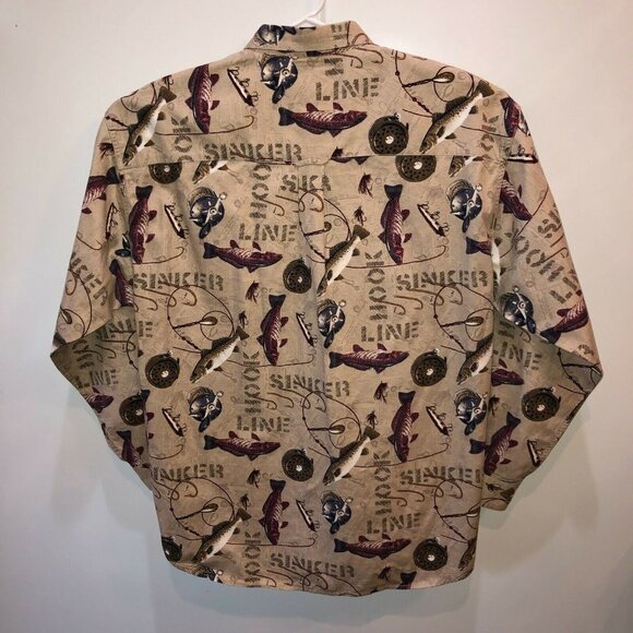 Magellan Mens Large Beige Fish Printed Long Sleeve Button Up Collar Shirt Size L - Picture 7 of 10